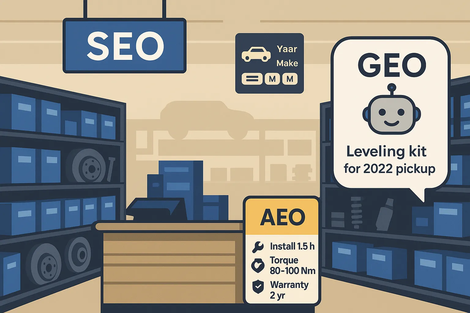 An aftermarket aisle with product signage quick answer shelf tags and an AI chat bubble suggesting a kit