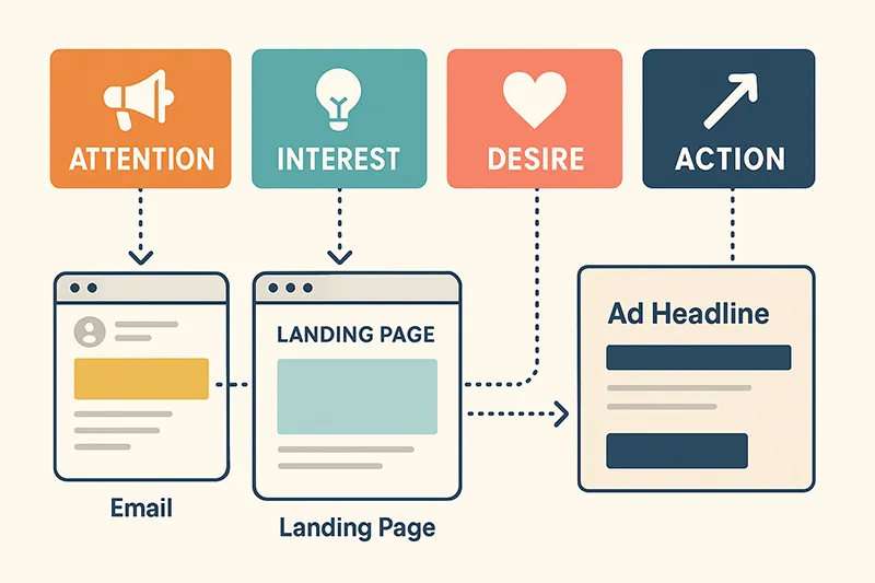 AIDA framework visualized as funnel stages from hook to CTA