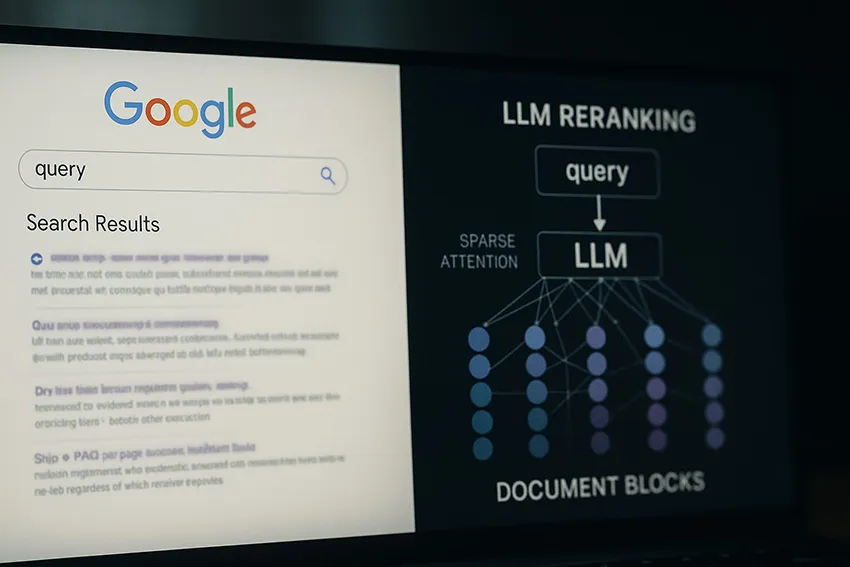 BlockRank concept diagram showing sparse attention across document blocks and query focus