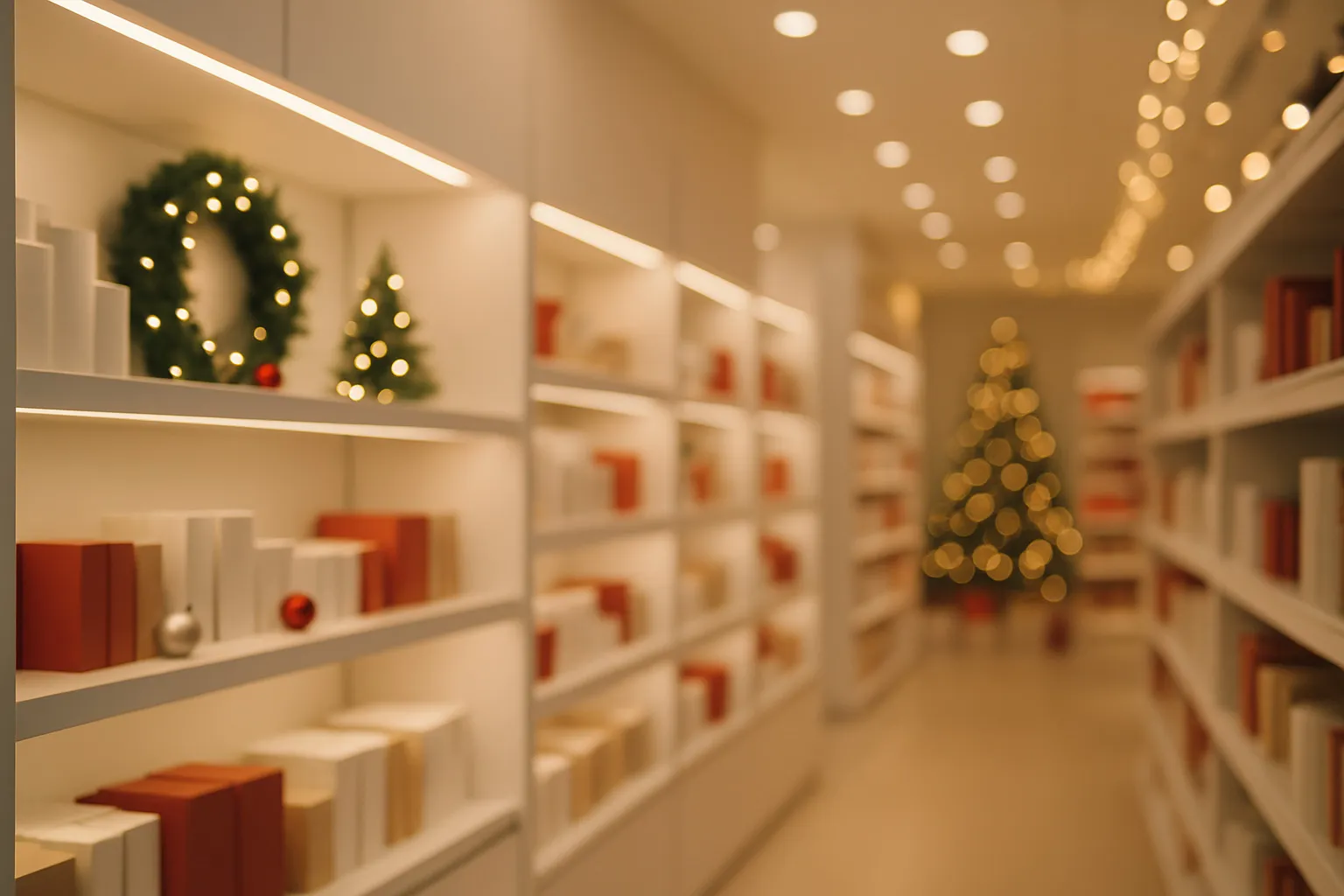 Holiday shopper comparing brands on a mobile phone while standing in a decorated retail aisle with warm lights