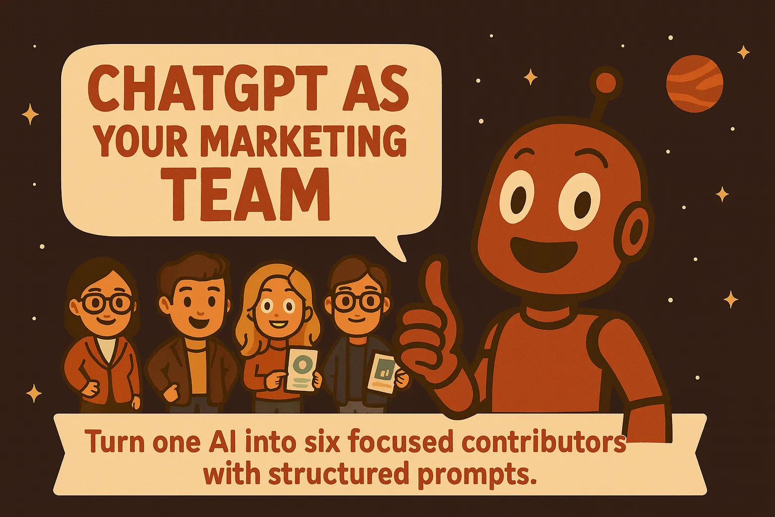 Illustration showing ChatGPT as six marketing roles