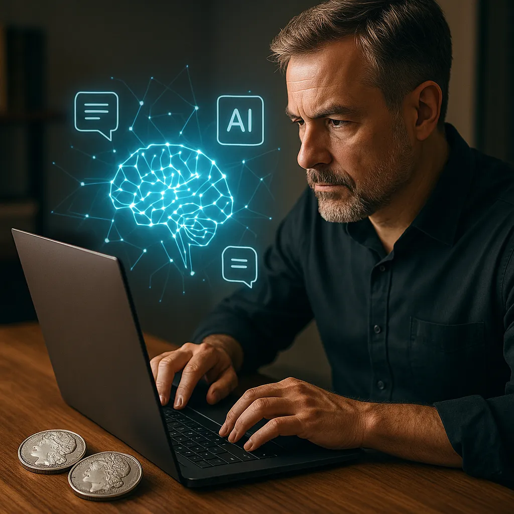 Coin dealer working at a laptop with AI