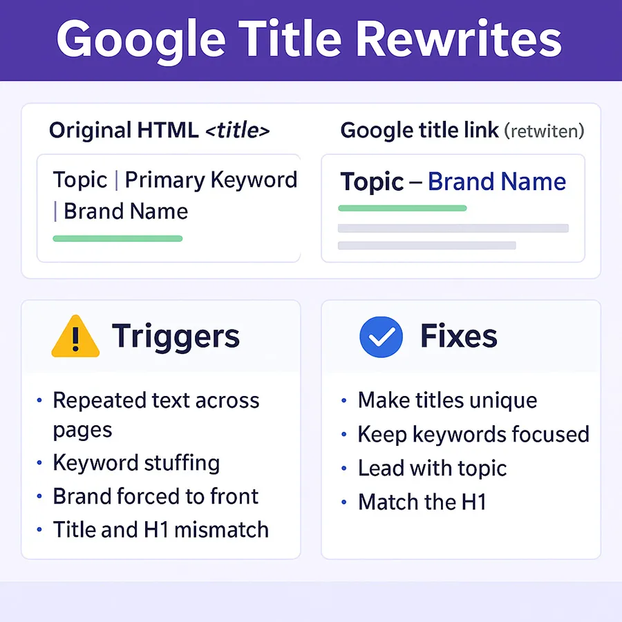 Comparison of an original HTML title and a rewritten title link on a Google results page
