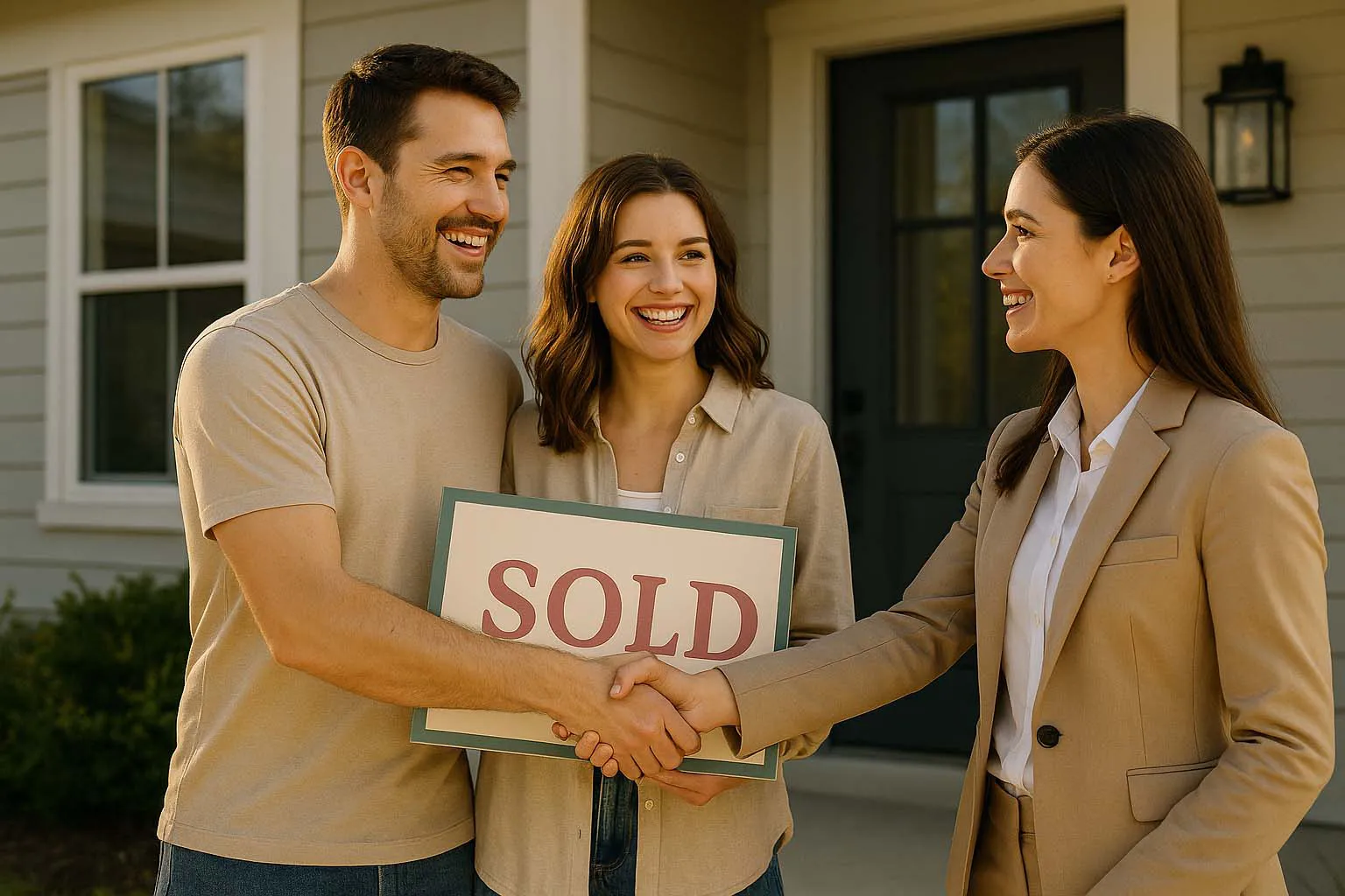 Real estate agent handing keys to smiling couple in front of home