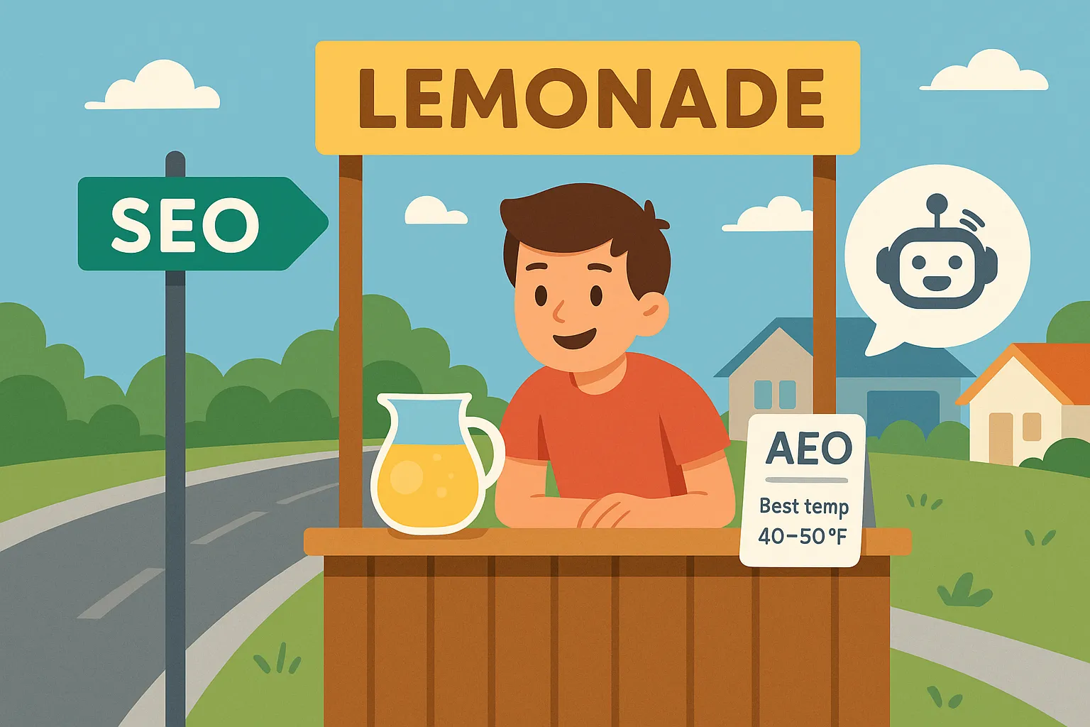 A cheerful lemonade stand with road signs a small Q and A card and a chat bubble showing an AI suggestion