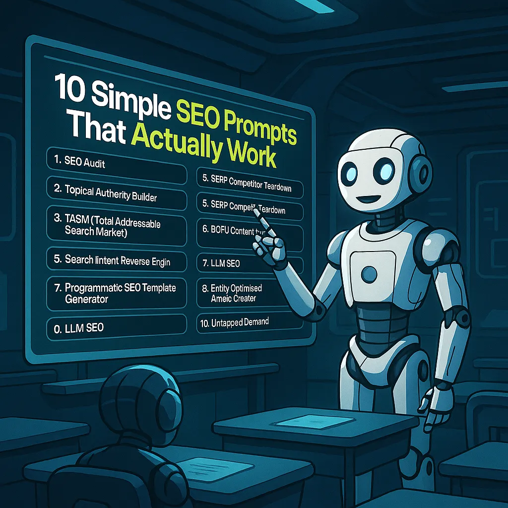 Illustration of 10 effective SEO prompt cards arranged in a clean grid