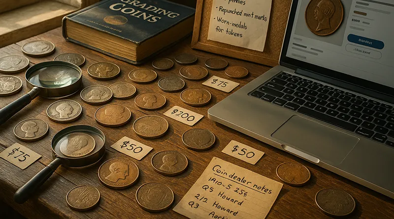 Close-up of coins with loupe and reference guides